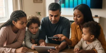 Family reviewing finances, Universal Credit increase