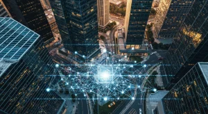 Navigating the Nexus: How News and Education Drive Financial Well-being An aerial drone shot of a financial district at dusk, with glowing digital market data lines overlaying the city's geometric patterns, illustrating the connection between global news and personal finance.