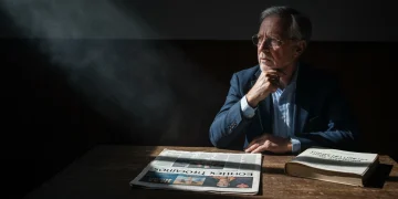 A thoughtful individual immersed in an aging financial newspaper and textbook, dramatically lit to highlight the critical link between information and financial understanding.