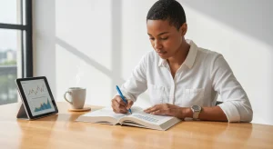 Decoding the Financial Landscape: Education, News, and Your Wealth Journey A focused person in their late 20s highlighting a personal finance textbook on a clean maple desk, with a tablet displaying an economic graph and a ceramic mug nearby, illuminated by soft natural light.