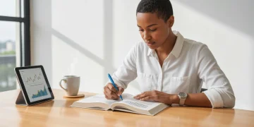 A focused person in their late 20s highlighting a personal finance textbook on a clean maple desk, with a tablet displaying an economic graph and a ceramic mug nearby, illuminated by soft natural light.