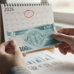Hands holding a £300 banknote with 2026 calendar and bills in background.