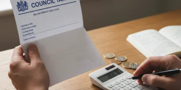 Hands reviewing a council tax bill with a calculator, symbolizing financial assessment for 2026 savings.