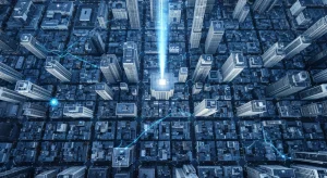 Empowering Your Portfolio: The Synergy of Current Events, Lifelong Learning, and Financial Gains Aerial view of a futuristic city at dawn, overlaid with glowing blue financial data streams and market trends, representing the connection between news and investment strategy.
