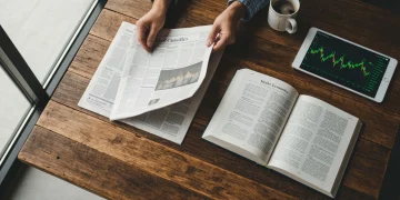 Overhead view of hands engaging with a financial newspaper, economics textbook, and tablet displaying stock market data on a wooden table, emphasizing active financial learning.