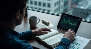 Strategic Insights: Leveraging News & Education for Financial Advantage Person contemplating financial charts on a tablet and handwritten notes in a leather journal, looking out a rain-streaked window, symbolizing strategic financial learning.