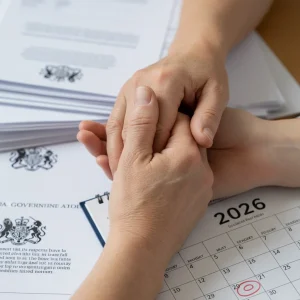 Hands clasped together, symbolizing care, with a subtle calendar showing 2026 in the background.