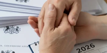 Hands clasped together, symbolizing care, with a subtle calendar showing 2026 in the background.
