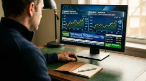 Navigating Tomorrow: Integrating News & Education for Financial Resilience An individual's blurred shoulder and head, seen from behind, intensely viewing a financial news feed on a monitor, with a notebook and pen on a dark green desk, illustrating the link between news and market understanding.