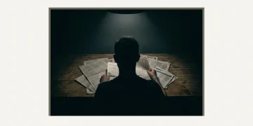 A person intently sifting through a stack of financial newspapers and benefit brochures on a wooden table, dramatically lit by a single beam of light, symbolizing the challenge of navigating complex financial information.