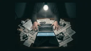 Navigating the Information Maze: Common Pitfalls in News, Education, Benefits, and Finance A person's hands splayed over a cluttered desk with fragmented news clippings and a laptop displaying garbled headlines, illuminated by a harsh overhead bulb.