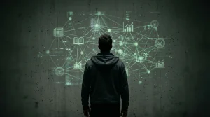 A person stands before a complex, glowing green data visualization on a concrete wall, illustrating the interconnectedness of news, education, benefits, and finance.