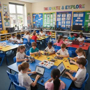 Boosting STEM Engagement in UK Schools: Proven Strategies for a 10% Participation Increase by 2026 Children engaged in robotics project, fostering STEM interest in UK schools.