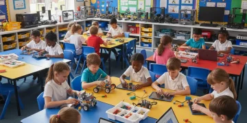 Children engaged in robotics project, fostering STEM interest in UK schools.