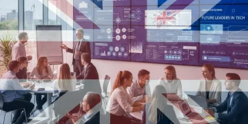 Diverse group collaborating on skills training in a modern UK setting.