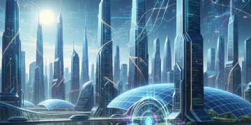Futuristic UK city skyline with AI networks and green energy symbols, representing a £3 billion tech investment surge.