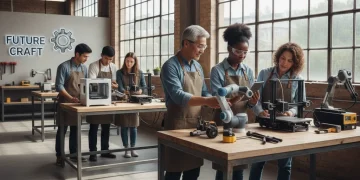 Apprentices and mentors collaborating in a modern workshop