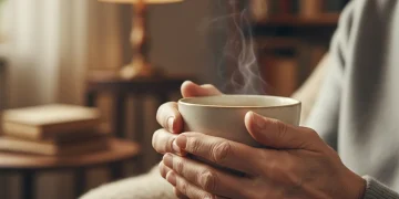 Elderly person's hands holding tea, symbolizing comfort and care