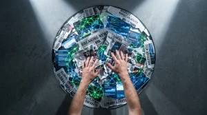 The Cognitive Architecture of Informed Decisions: News, Education, Benefits, and Finance An overhead view of hands sifting through fragmented news headlines and digital interfaces, with glowing neural network patterns, illustrating information processing and cognitive load.