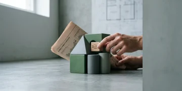 Hands assembling geometric shapes representing news, education, benefits, and finance into a cohesive structure on a concrete surface, symbolizing informed decision-making and personal growth.