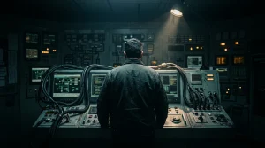 A person from behind, observing a complex industrial control panel with glowing green screens, symbolizing the integration of news, education, benefits, and finance.