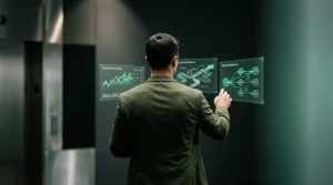 Synthesizing News, Education, and Benefits for Optimal Financial Protocols A person, viewed from behind, wearing a dark olive green blazer, arranging three glowing holographic data projections showing stock market trends, educational modules, and benefit diagrams in a dramatic, low-lit setting. This visualizes the synthesis of news, education, and benefits for optimal financial protocols.