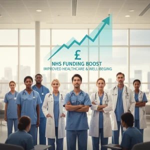 Healthcare professionals working diligently in a modern hospital after NHS funding increase