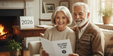 Happy senior couple reviewing important documents, representing financial stability and pension planning.
