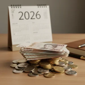 UK Pension Triple Lock: 2026 Commitment Confirmed Amidst Inflation Stack of UK pound coins and notes with 2026 calendar, representing pension finances